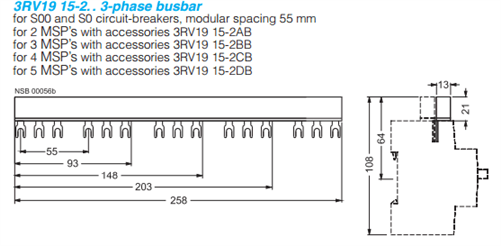 Siemens 3RV1915-2CB busbar for 3RV1011 and 3RV1021 manual motor protectors