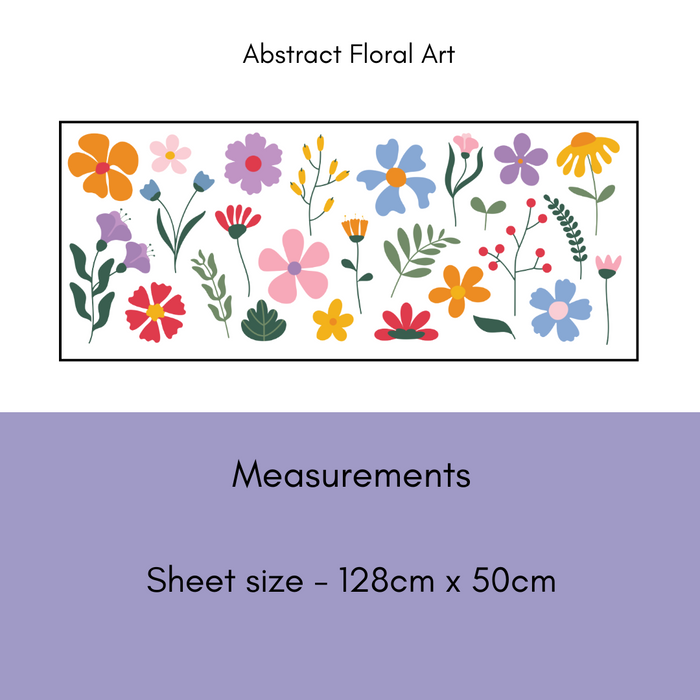 Abstract floral art with colorful flowers and leaves on a white background, featuring measurements at the bottom.