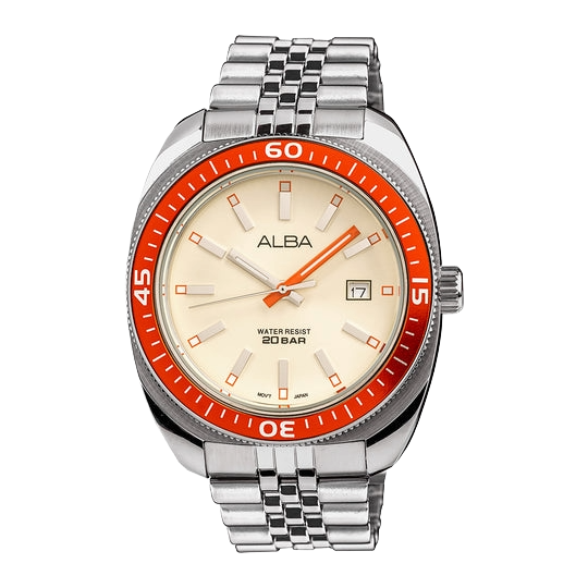 Alba Cream Dial Quartz with Bright Orange Bezel Men's Watch, AS9T89X1