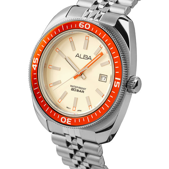 Alba Cream Dial Quartz with Bright Orange Bezel Men's Watch, AS9T89X1