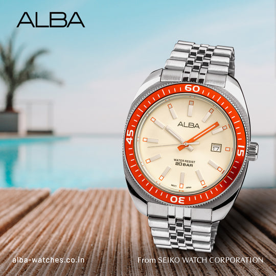 Alba Cream Dial Quartz with Bright Orange Bezel Men's Watch, AS9T89X1