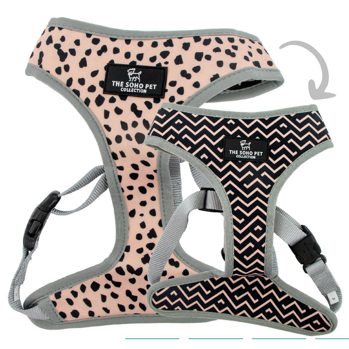 Ancol | Soho Collection | Dog Harness | Reversible Black & Pink Dalmatian Spot & ZigZag Pattern