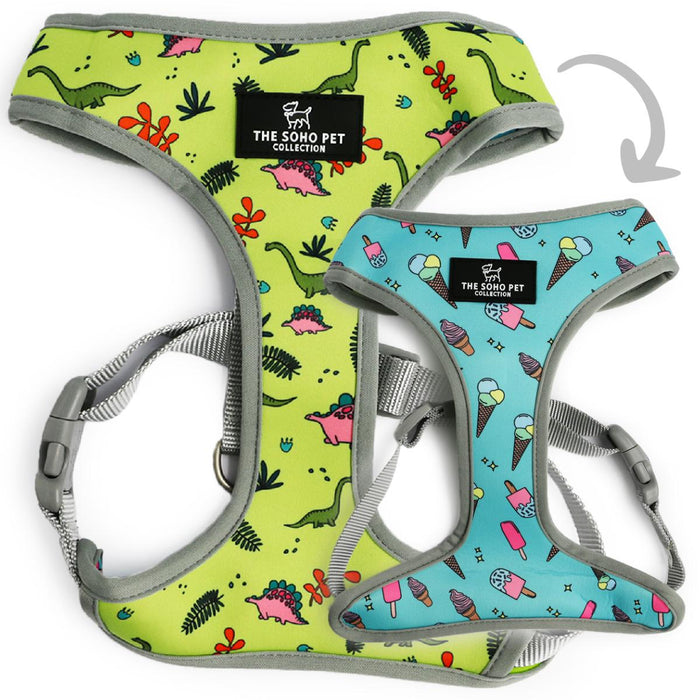 Ancol | Soho Collection | Dog Harness | Reversible Green Dino & Blue Ice Cream Pattern