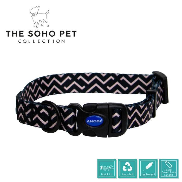 Ancol | Soho Collection | Nylon Adjustable Dog Collar | Black & Pink ZigZag Pattern