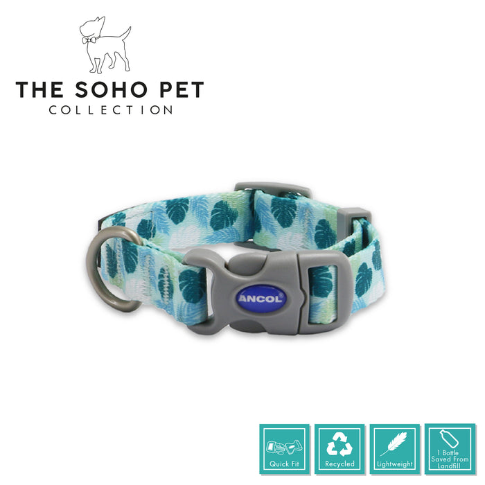 Ancol | Soho Collection | Nylon Adjustable Dog Collar | Blue & Green Leaf Pattern
