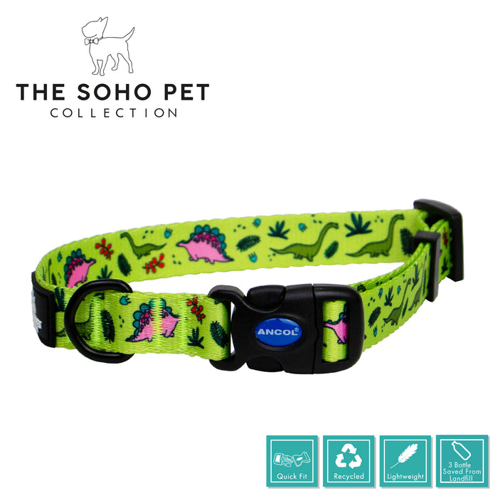 Ancol | Soho Collection | Nylon Adjustable Dog Collar | Green Dino Pattern
