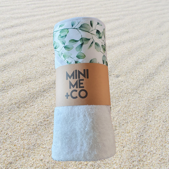 Eucalyptus Leaves themed baby hooded towel by Mini Me & Co, perfect for keeping little ones cozy after bath time.