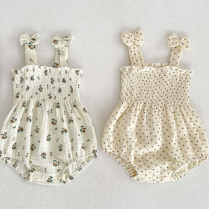 Baby Muslin Romper & Matching Headband Set – Spotty or Floral