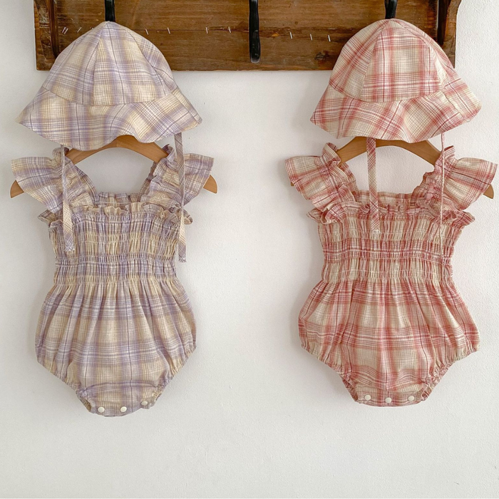 Baby Plaid Romper & Sun Hat Set – Pink or Purple