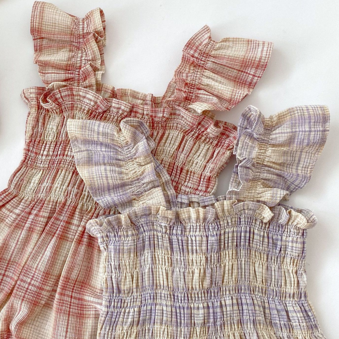 Baby Plaid Romper & Sun Hat Set – Pink or Purple