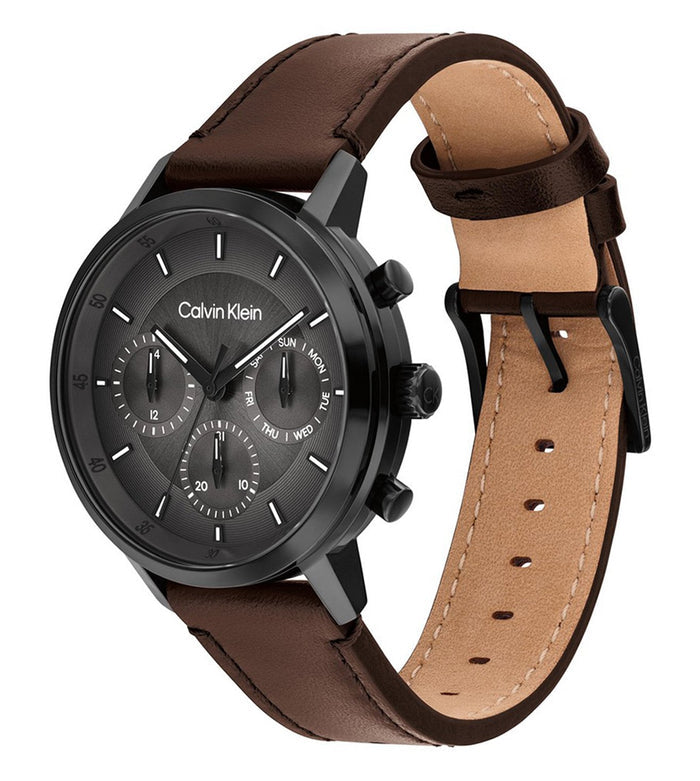 Calvin Klein Quartz Grey Dial Multi-Function Leather Men's Watch, 25200498