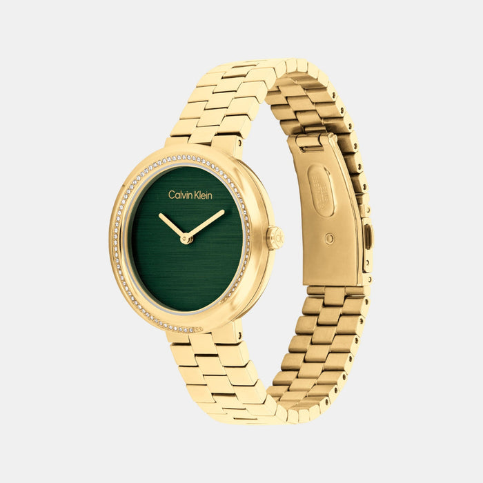 Calvin Klein Twisted Bezel Quartz Green Dial Analog Stainless Steel Women's Watch, 25100167