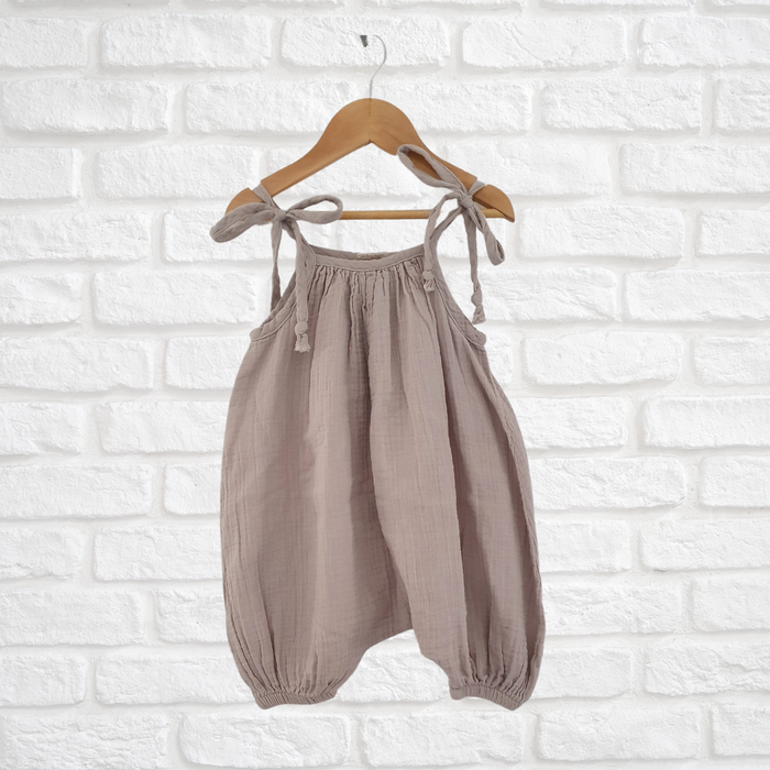 Organic muslin cotton Denise overalls with adjustable straps and bow detail for toddlers