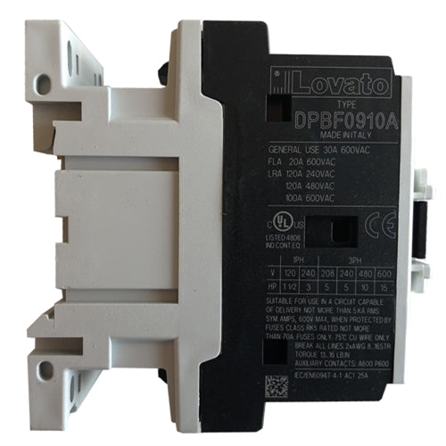 Lovato DPBF0910A57560 3 pole 9 AMP Definite Purpose Contactor
