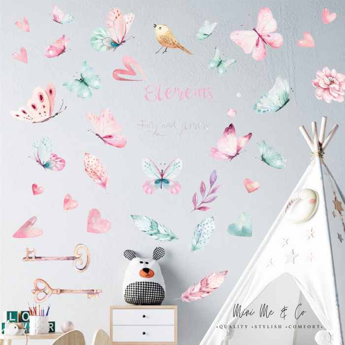 Removable fairy and floral decals on nursery wall