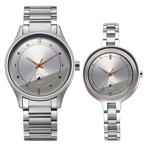 Fastrack Mixmatched Quartz Analog Silver Dial Silver Stainless Steel Strap Pair Watch, 32476265SM01