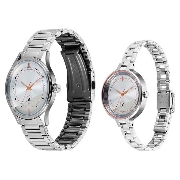 Fastrack Mixmatched Quartz Analog Silver Dial Silver Stainless Steel Strap Pair Watch, 32476265SM01
