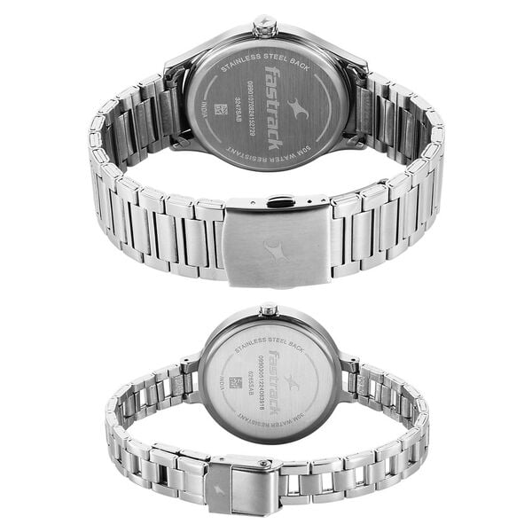 Fastrack Mixmatched Quartz Analog Silver Dial Silver Stainless Steel Strap Pair Watch, 32476265SM01