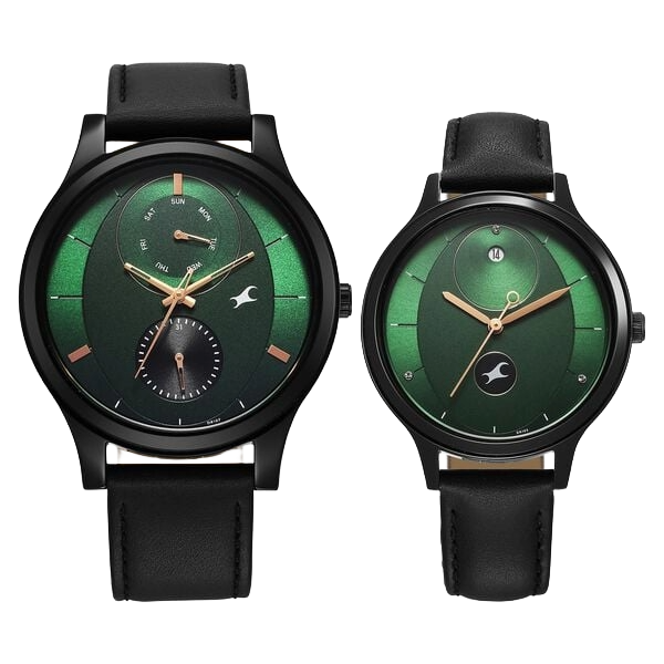 Fastrack Mixmatched Quartz Multifunction Green Dial Black Leather Strap Pair Watch, 32406285NL01