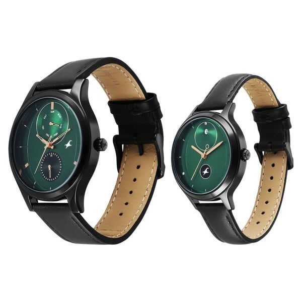 Fastrack Mixmatched Quartz Multifunction Green Dial Black Leather Strap Pair Watch, 32406285NL01
