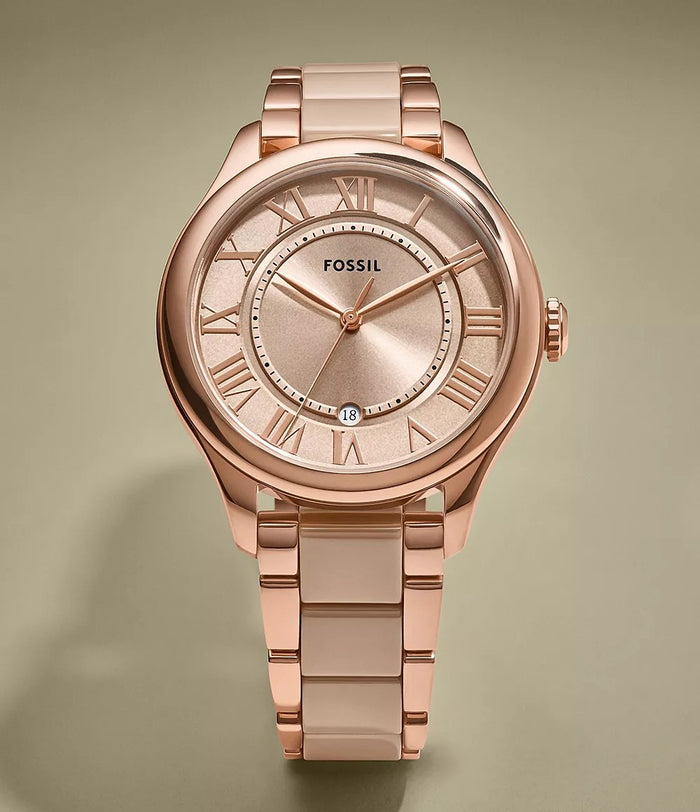 Fossil Gilmore Three-Hand Date Rose Gold-Tone and Brown Ceramic Women's Watch, CE1133