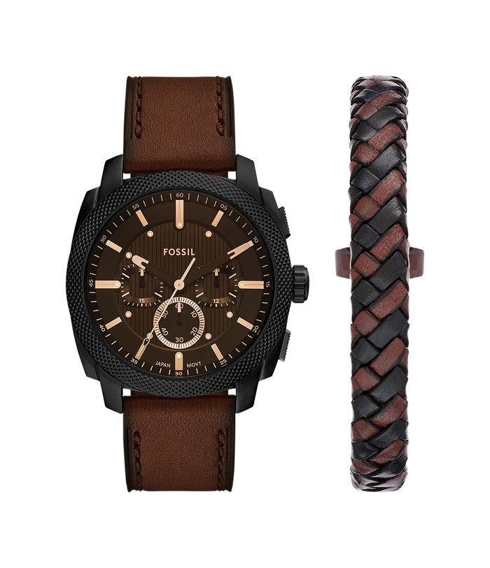 Fossil Quartz Black Dial Chronograph Leather Men's Watch, FS6102SET