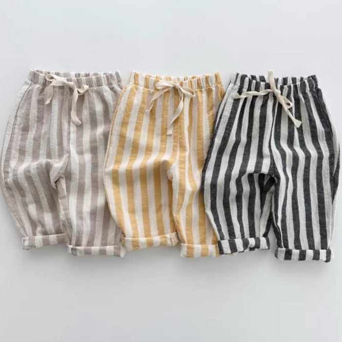 Kids Linen Striped Pants – Black, Grey & Yellow