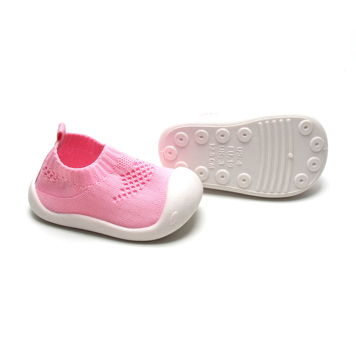 Comfortable slip-on pink mesh shoes for kids with sock-like fit and easy on-and-off.