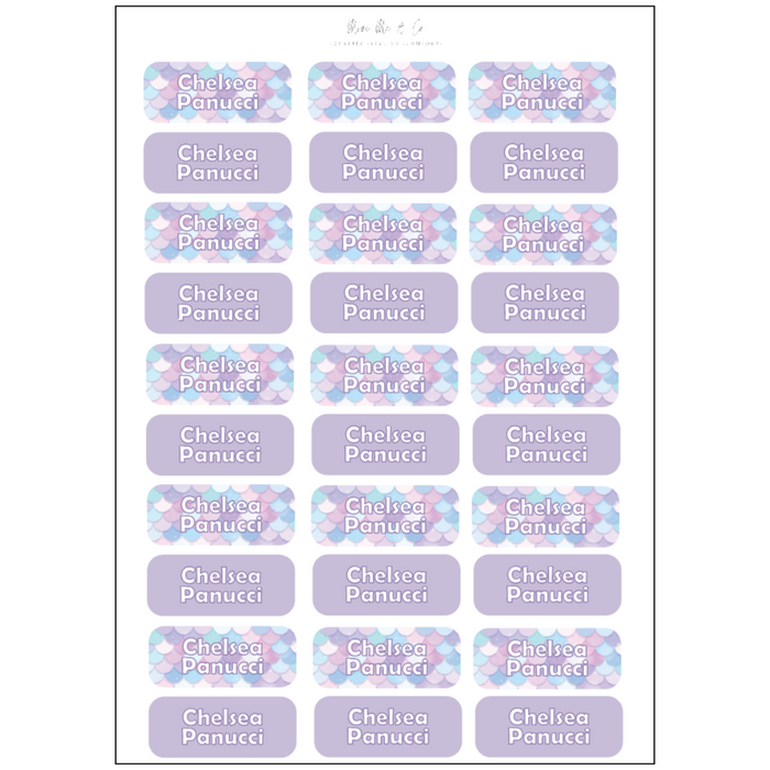 Mermaid Scales & Purple Kids’ Name Label Stickers (55mm x 21.5mm – Pack of 30)