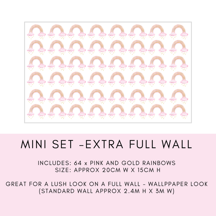 Mini Rainbow Decal Pack featuring charming pink and gold rainbows, perfect for decorating children's rooms