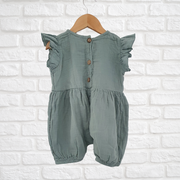 Handmade organic cotton short overalls with button back and ruffle details