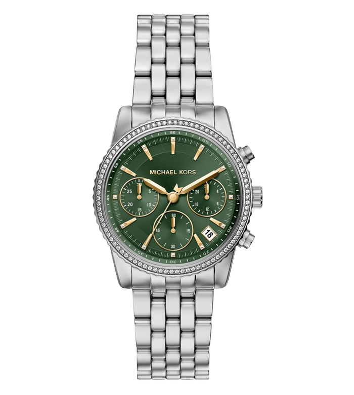 Michael Kors Quartz Green Dial Chronograph Stainless Steel Women's Watch, MK7583
