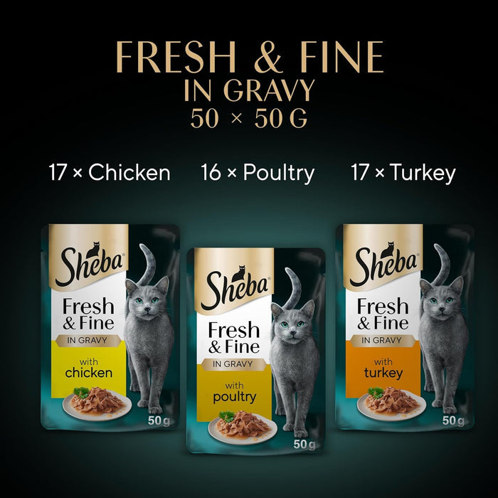 SHEBA Fresh & Fine Cat Food Pouches Poultry in Gravy 50x50g | Complete Wet Food for Adult Cats