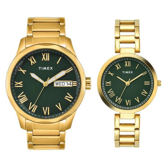 Timex Round Green Dial Analog Pair Watch, TW00PR339