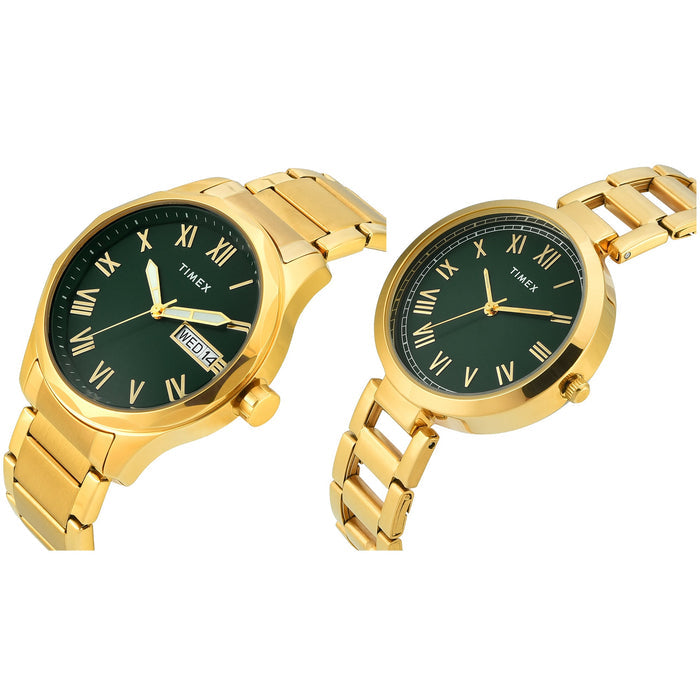 Timex Round Green Dial Analog Pair Watch, TW00PR339