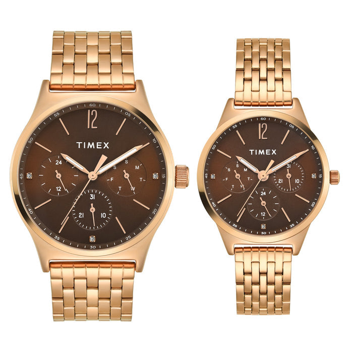 Timex Trendline Brown Round Dial Analog Pair Watch, TW00PR349
