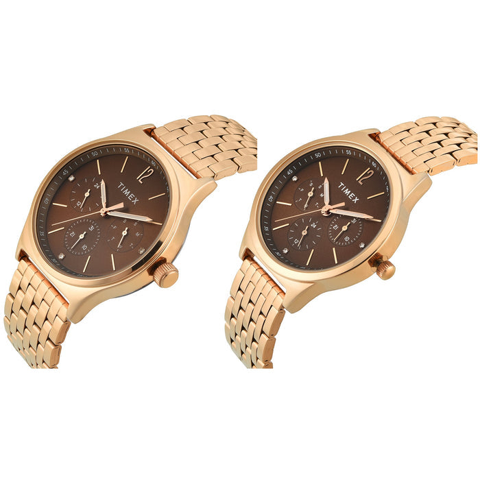 Timex Trendline Brown Round Dial Analog Pair Watch, TW00PR349