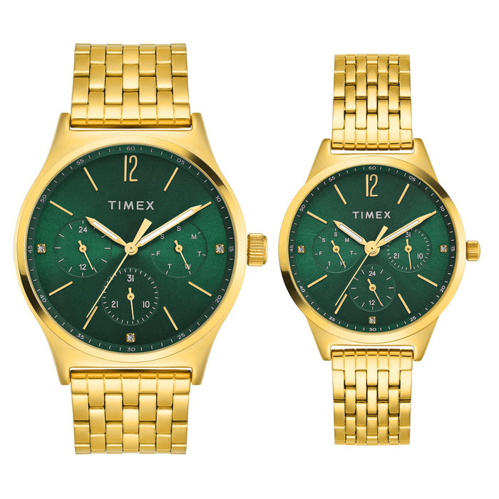 Timex Trendline Green Round Dial Analog Pair Watch, TW00PR348