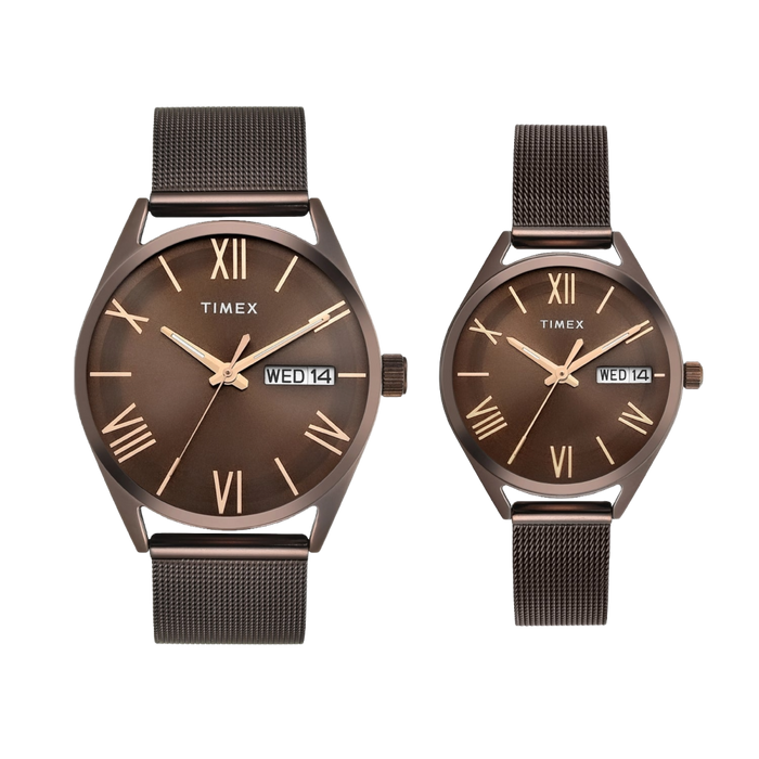 Timex Trendline Round 42mm Brown Dial Analog Pair Watch, TW00PR353