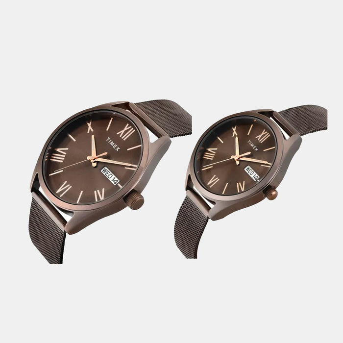 Timex Trendline Round 42mm Brown Dial Analog Pair Watch, TW00PR353