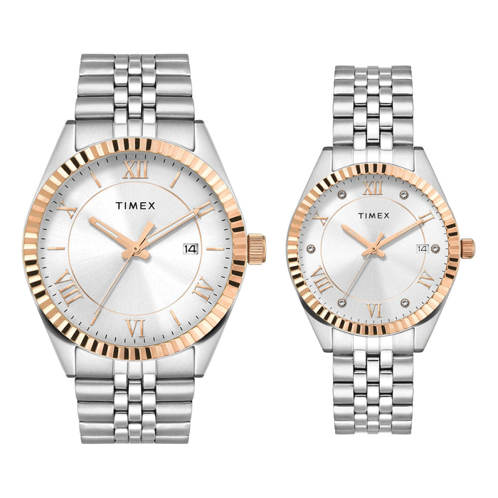 Timex Trendline Silver Round Dial Analog Pair Watch, TW00PR343
