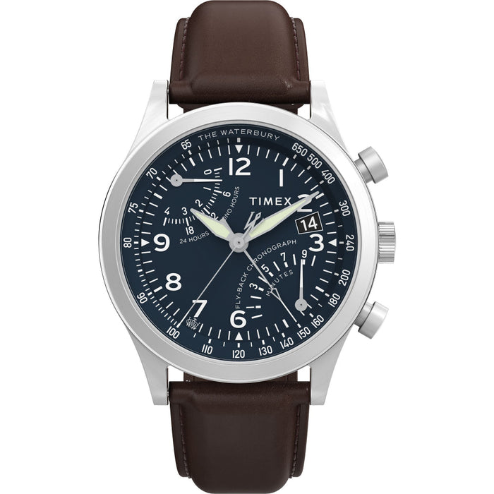 Timex Waterbury Traditional Fly Back Chronograph 43mm Leather Strap Men's Watch, TW2W47900UJ
