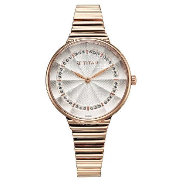 Titan Aura Quartz Analog Silver Dial Rose Gold Stainless Steel Strap Women's Watch, 95245WM02