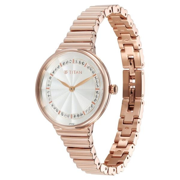 Titan Aura Quartz Analog Silver Dial Rose Gold Stainless Steel Strap Women's Watch, 95245WM02