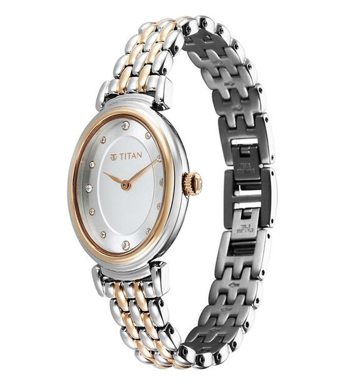 Titan Aura Quartz Analog Silver Dial With Two Toned Stainless Steel Strap Women's Watch, 95242KM01