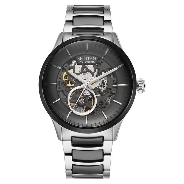 Titan Ceramic Fusion Automatic Black Dial Silver Dual-Toned Stainless Steel Bracelet Men's Watch, NT90174KD01