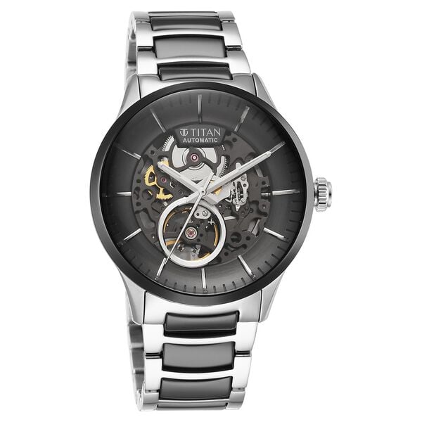 Titan Ceramic Fusion Automatic Black Dial Silver Dual-Toned Stainless Steel Bracelet Men's Watch, NT90174KD01
