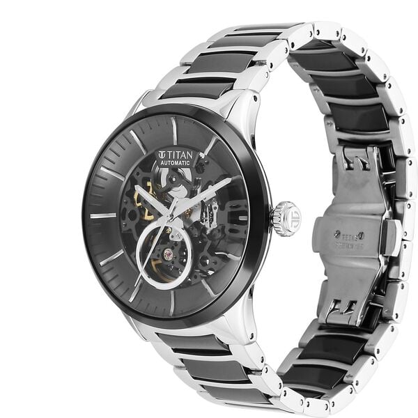 Titan Ceramic Fusion Automatic Black Dial Silver Dual-Toned Stainless Steel Bracelet Men's Watch, NT90174KD01