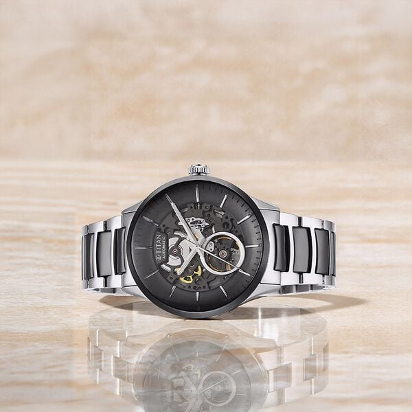 Titan Ceramic Fusion Automatic Black Dial Silver Dual-Toned Stainless Steel Bracelet Men's Watch, NT90174KD01