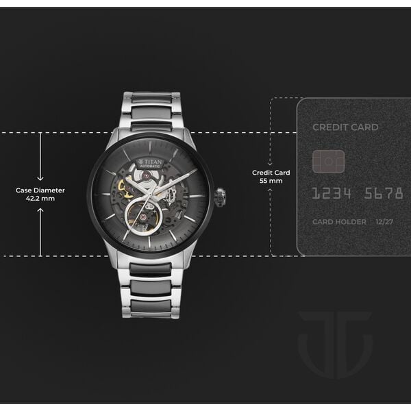 Titan Ceramic Fusion Automatic Black Dial Silver Dual-Toned Stainless Steel Bracelet Men's Watch, NT90174KD01